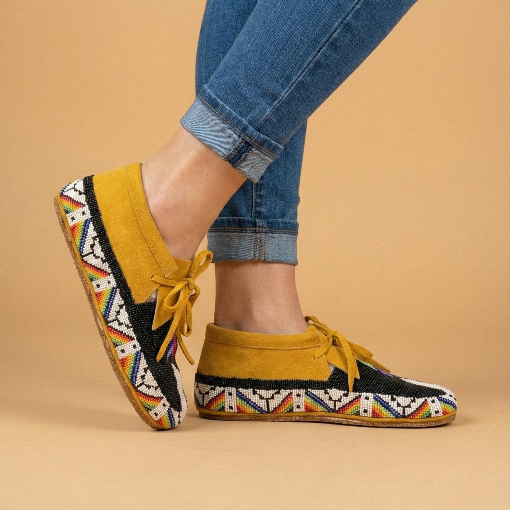 Handmade Beaded Suede Moccasins, Lace-Up Boho Western Footwear for Women