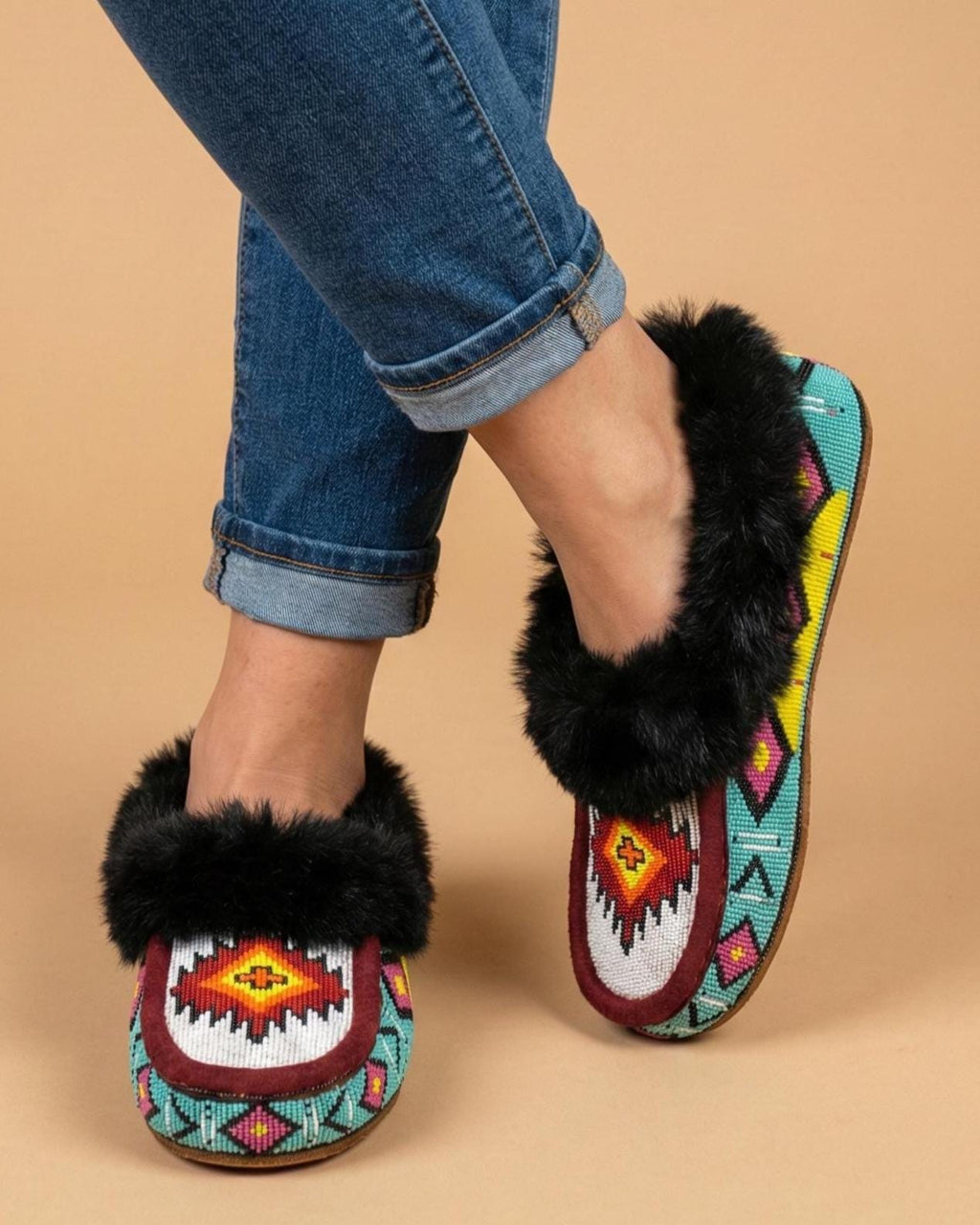 Handmade Beaded Moccasin Slippers, Fur-Lined Suede, Bohemian Shoes