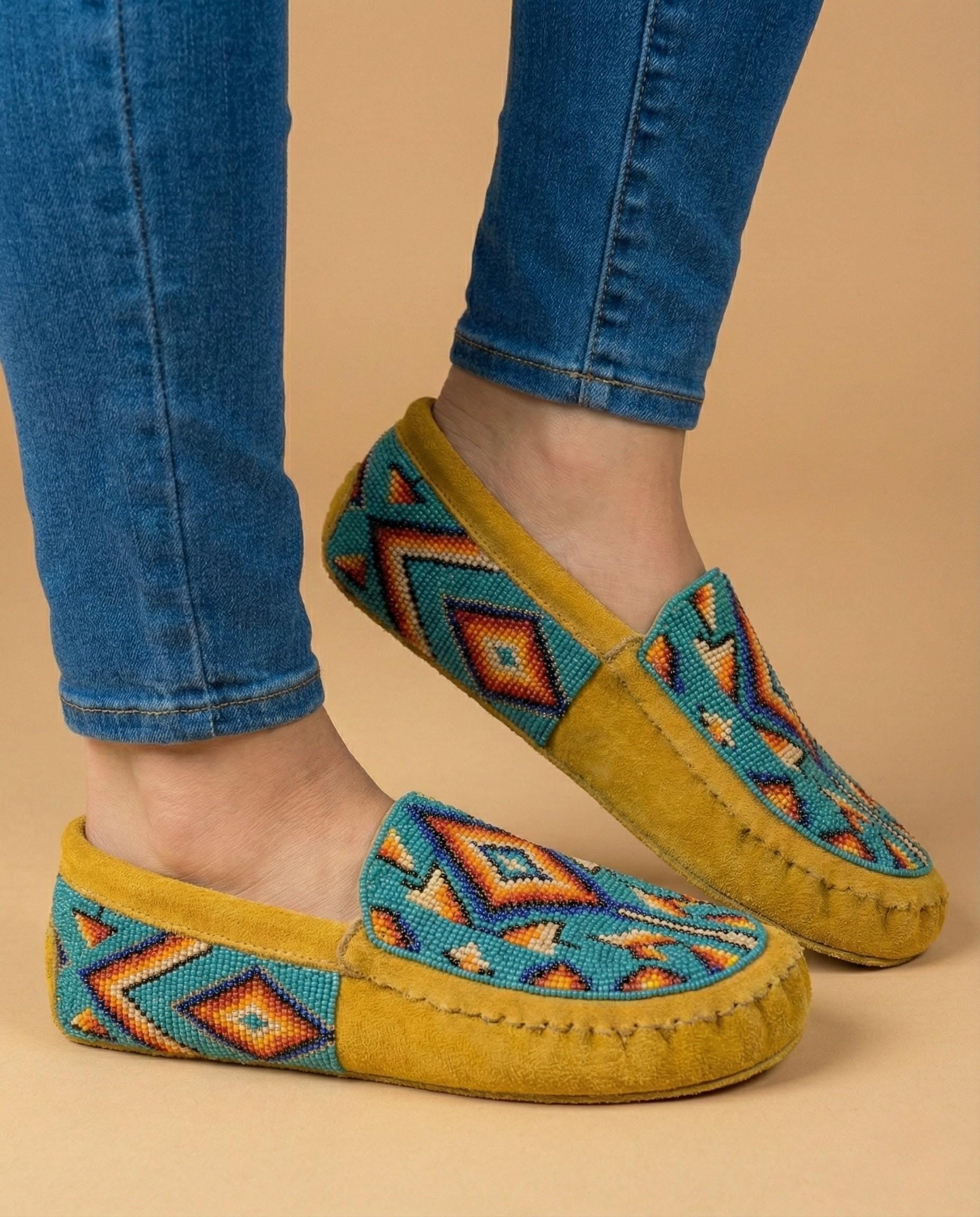Handmade Beaded Leather Moccasins with Soft Sole. Stylish Shoes For Women.