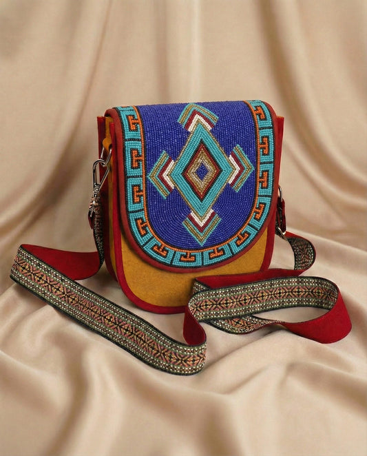 Turquoise Diamond Beaded Blue Canvas Crossbody Bag