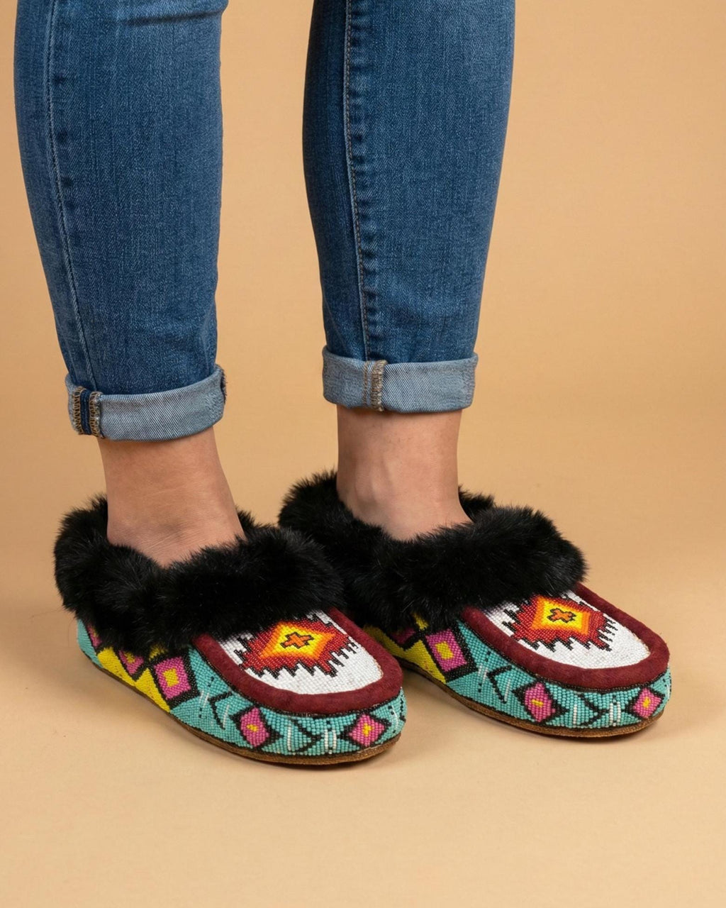 Handmade Beaded Moccasin Slippers, Fur-Lined Suede, Bohemian Shoes
