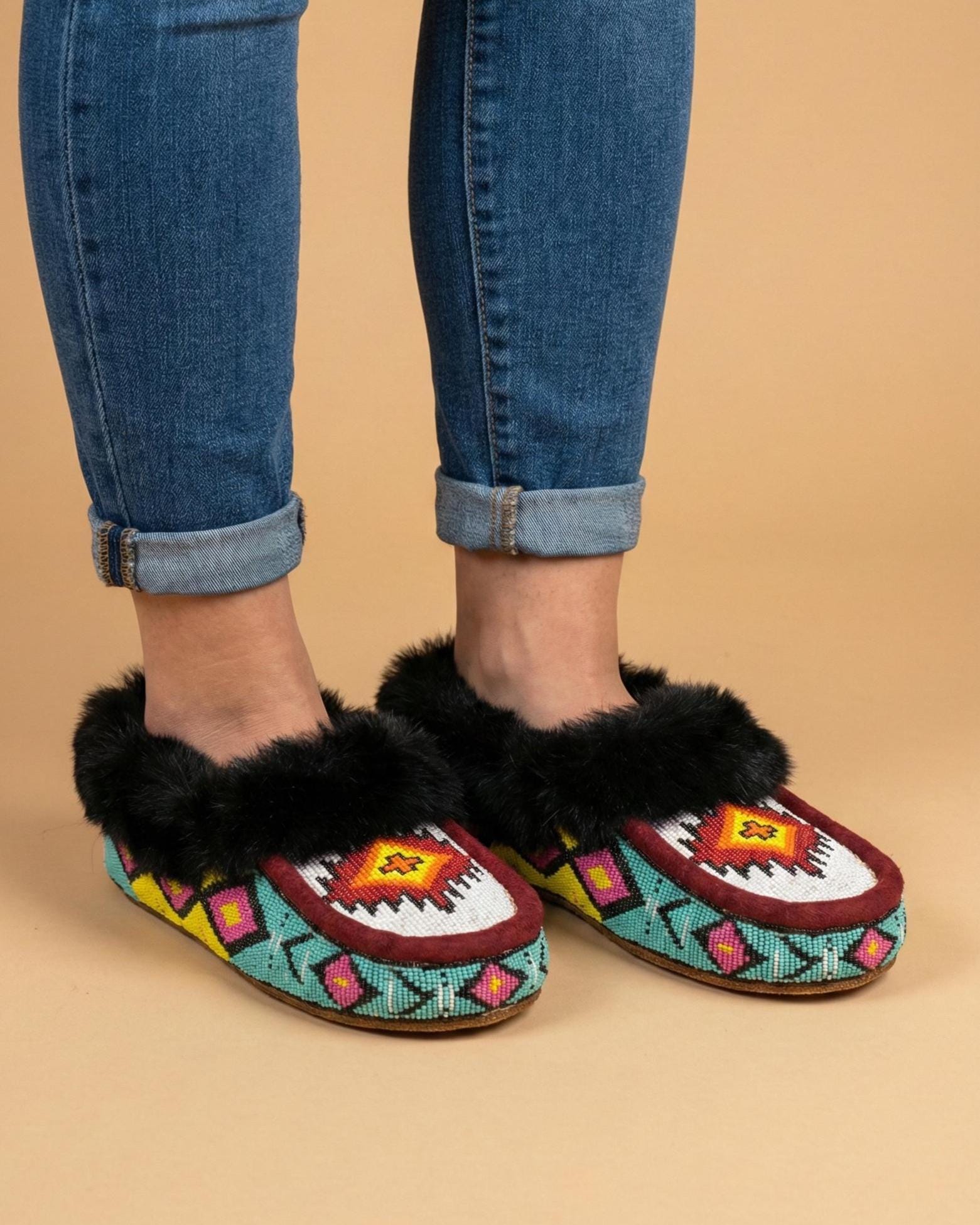 Handmade Beaded Moccasin Slippers, Fur-Lined Suede, Bohemian Shoes