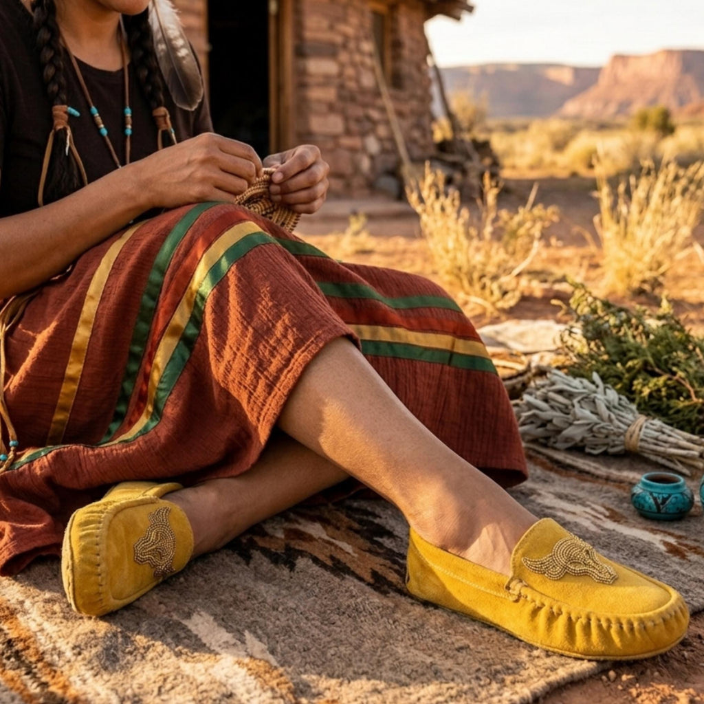 Bull Beaded Leather Moccasins - Handmade Native American Style Shoes For Women. Suitable For Gifting