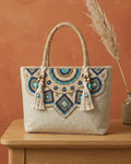 Handmade Floral Canvas Tote Bag. Beaded Large Artisan Summer Handbag