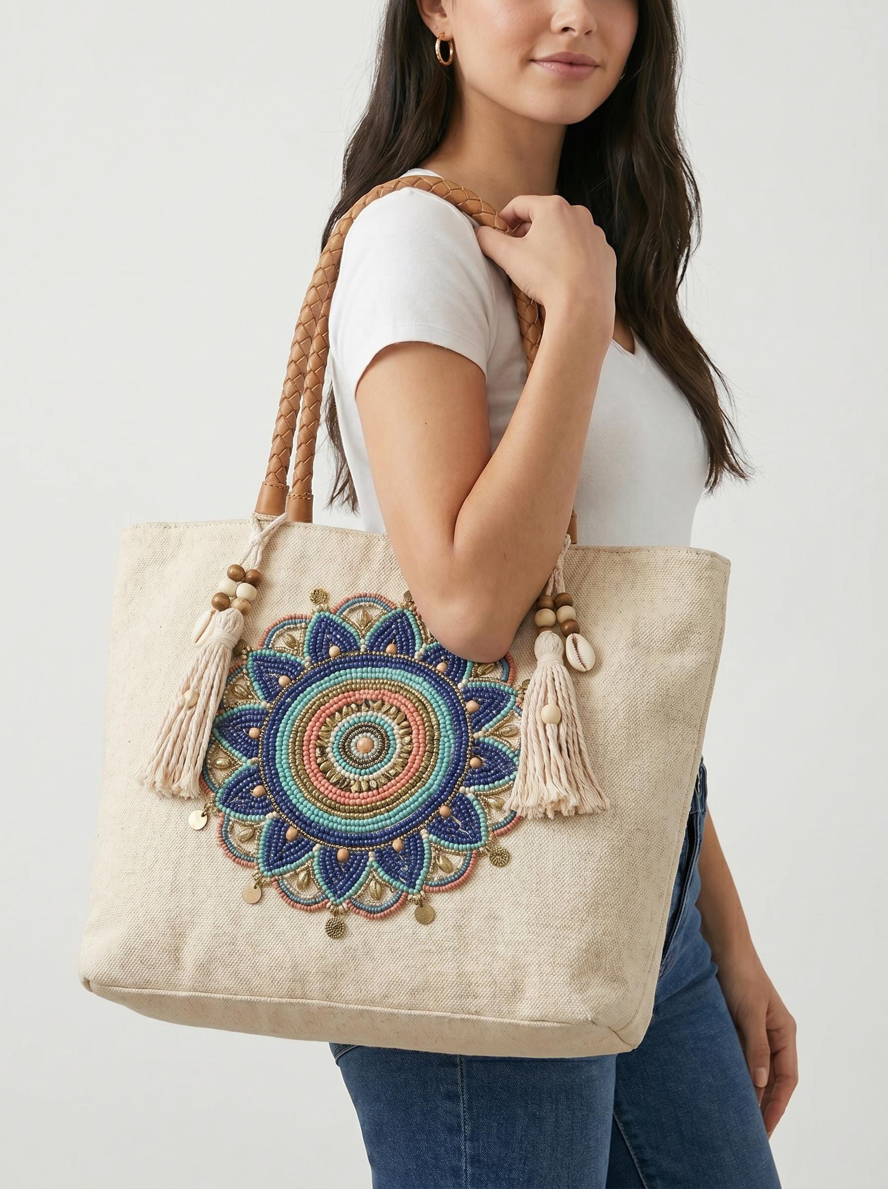 Handmade Floral Canvas Tote Bag. Beaded Large Artisan Handbag For Women