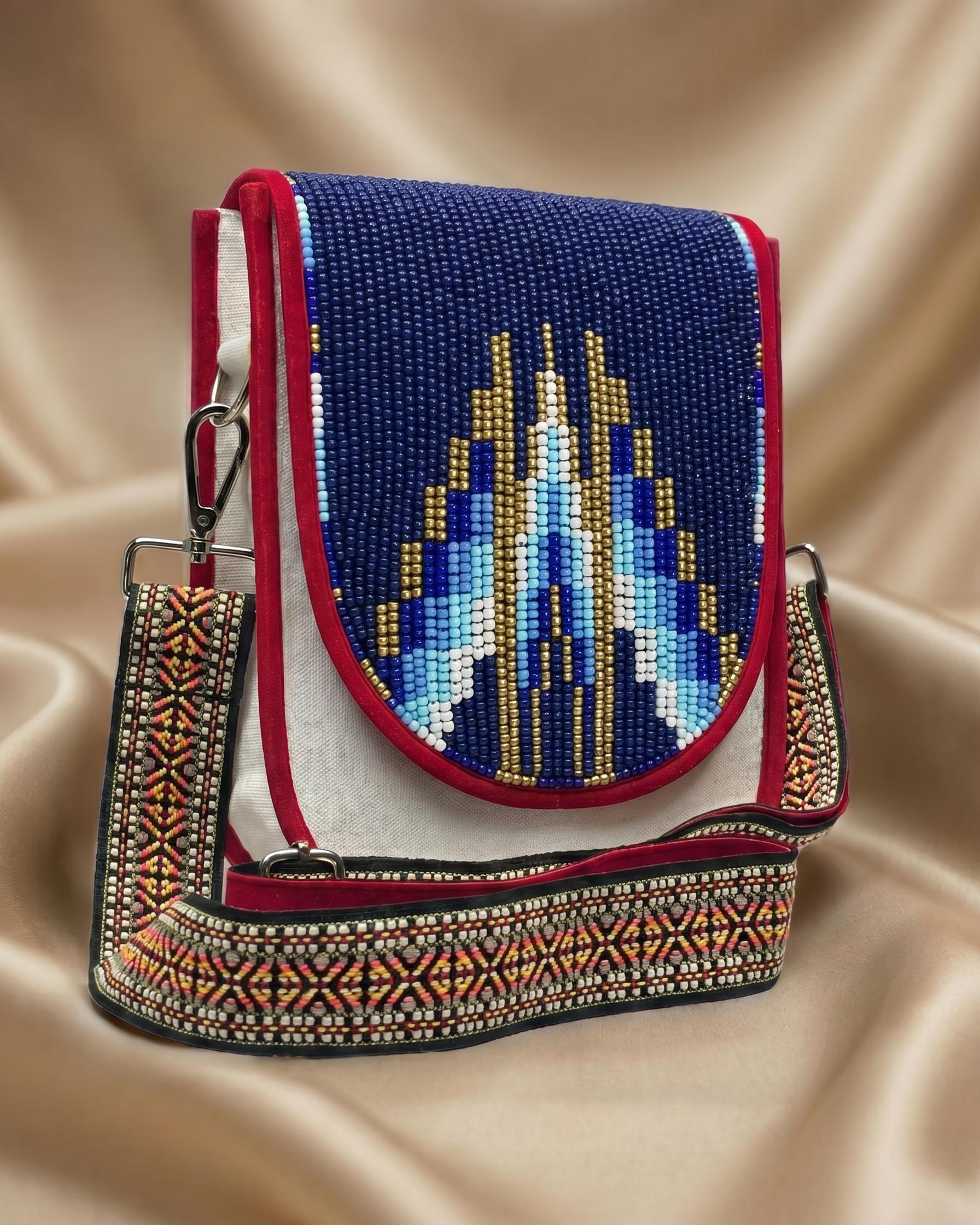 Beaded Crossbody Bag, Boho Handmade Unisex Canvas Sling Purse with Adjustable Strap