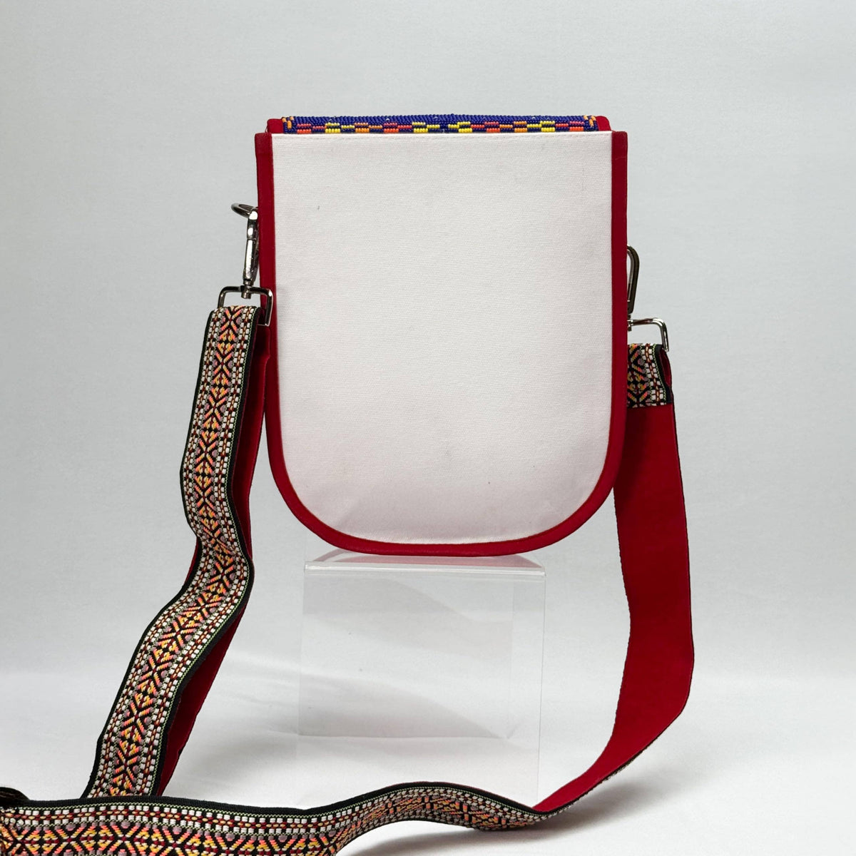 Eagle Skull Motif Hand Beaded Canvas Crossbody Bag – Cream