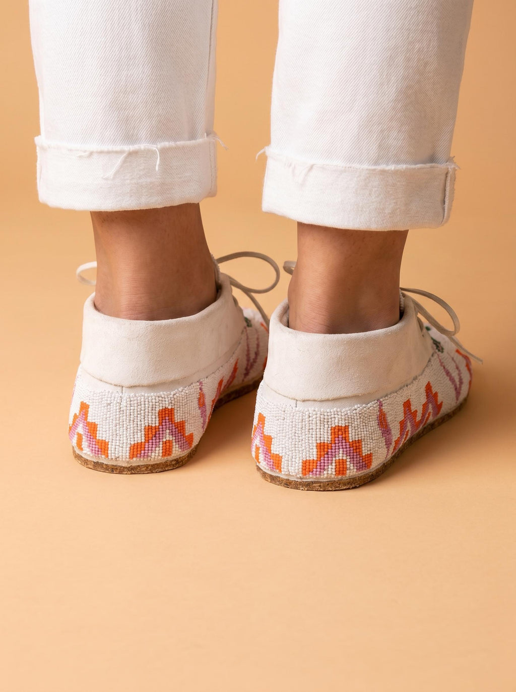 Handmade Native Beaded Moccasins Women, Suede Geometric Pattern Lace Up Shoes