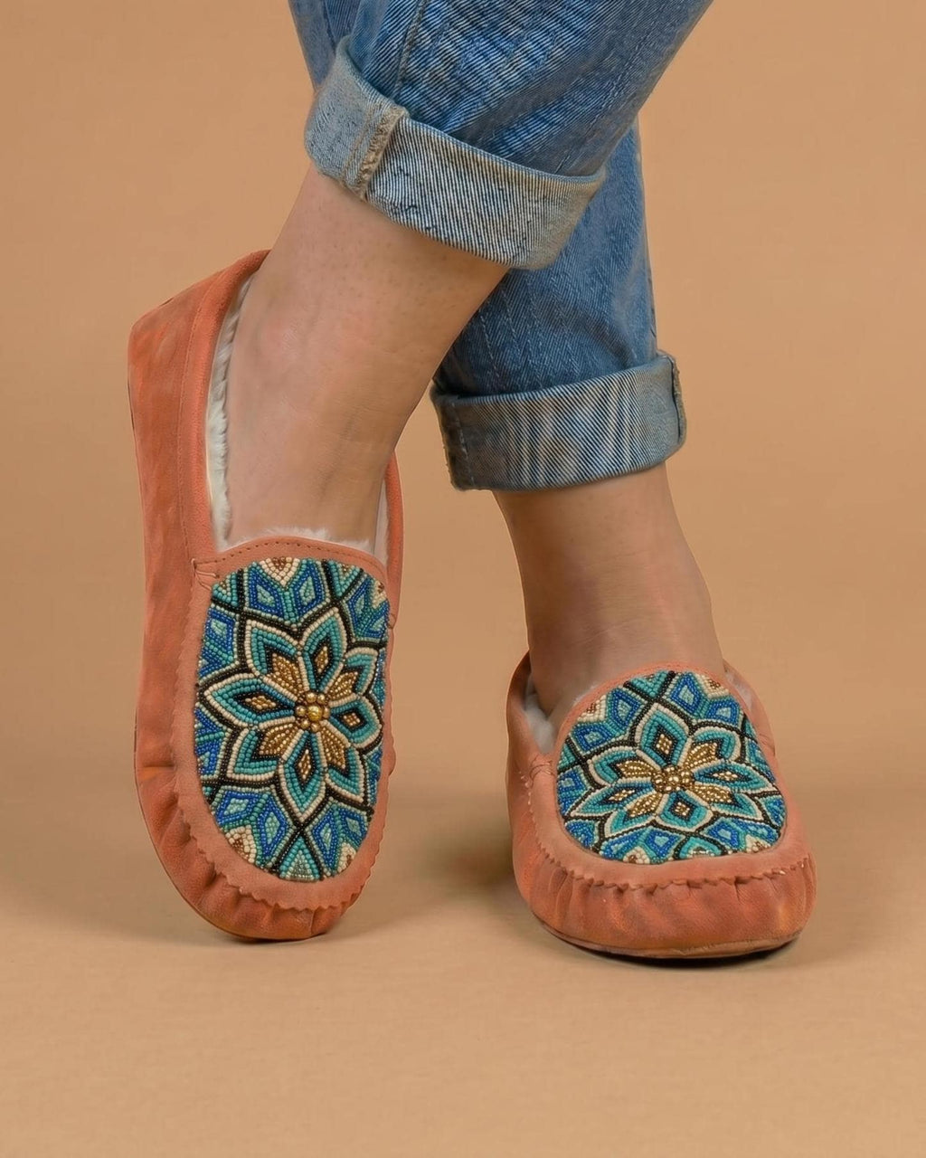 Peach Beaded Flower Moccasins. Handmade Unique Soft Sole Slip on Shoes For Women