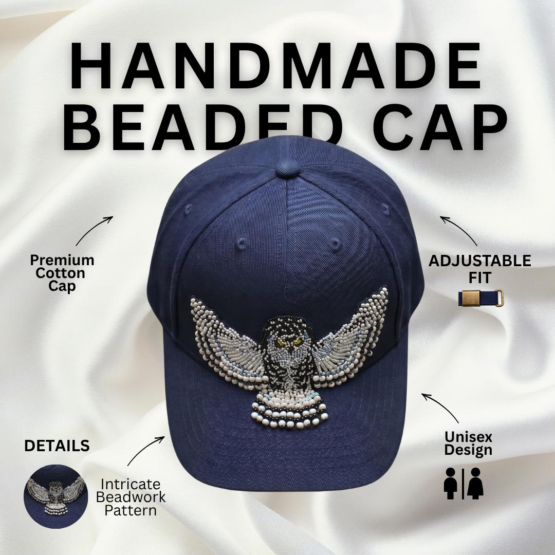 Snowy Owl Spirit Beaded Baseball Cap - Handmade Native American Style Adjustable Unisex Cotton Hat For Men & Women