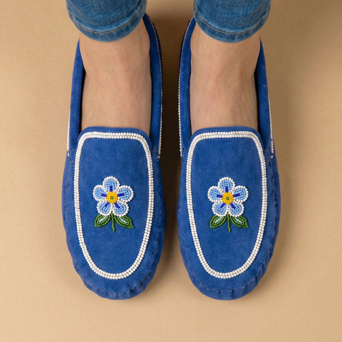 Blue and White Flower Beaded Suede Moccasins