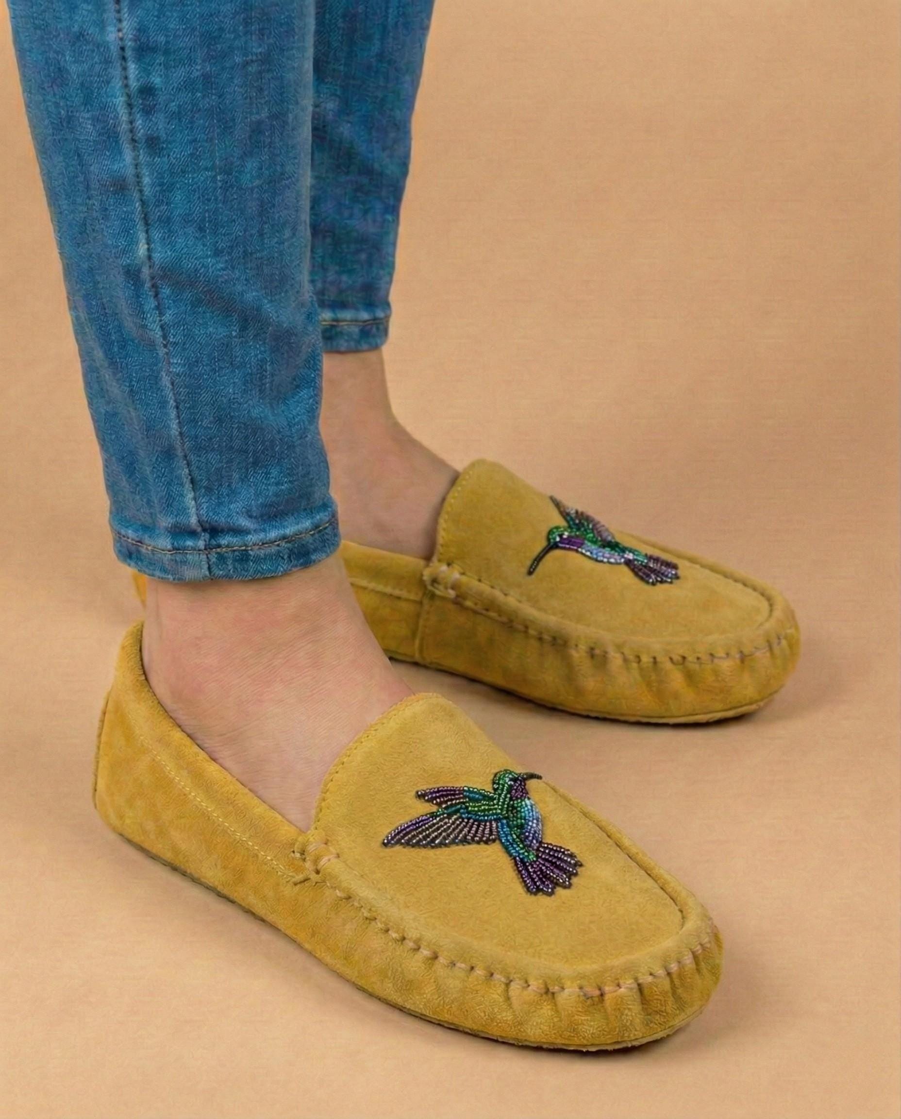 Hummingbird Beaded Leather Moccasins - Handmade Native American Style Shoes For Women. Suitable For Gifting