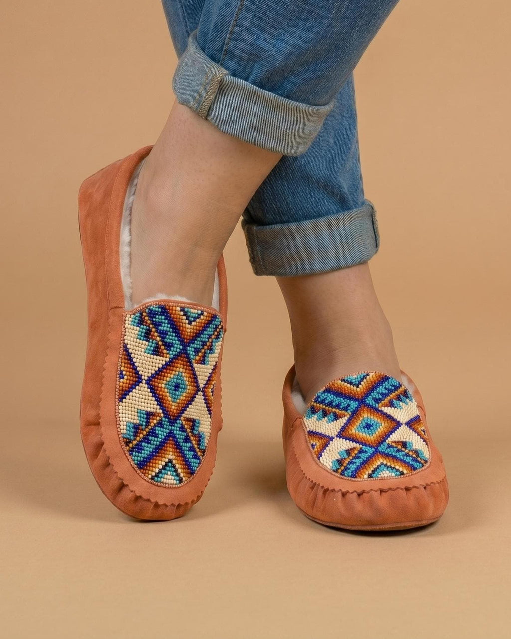 Peach Beaded Moccasins. Handmade Unique Soft Sole Slip on Shoes For Women