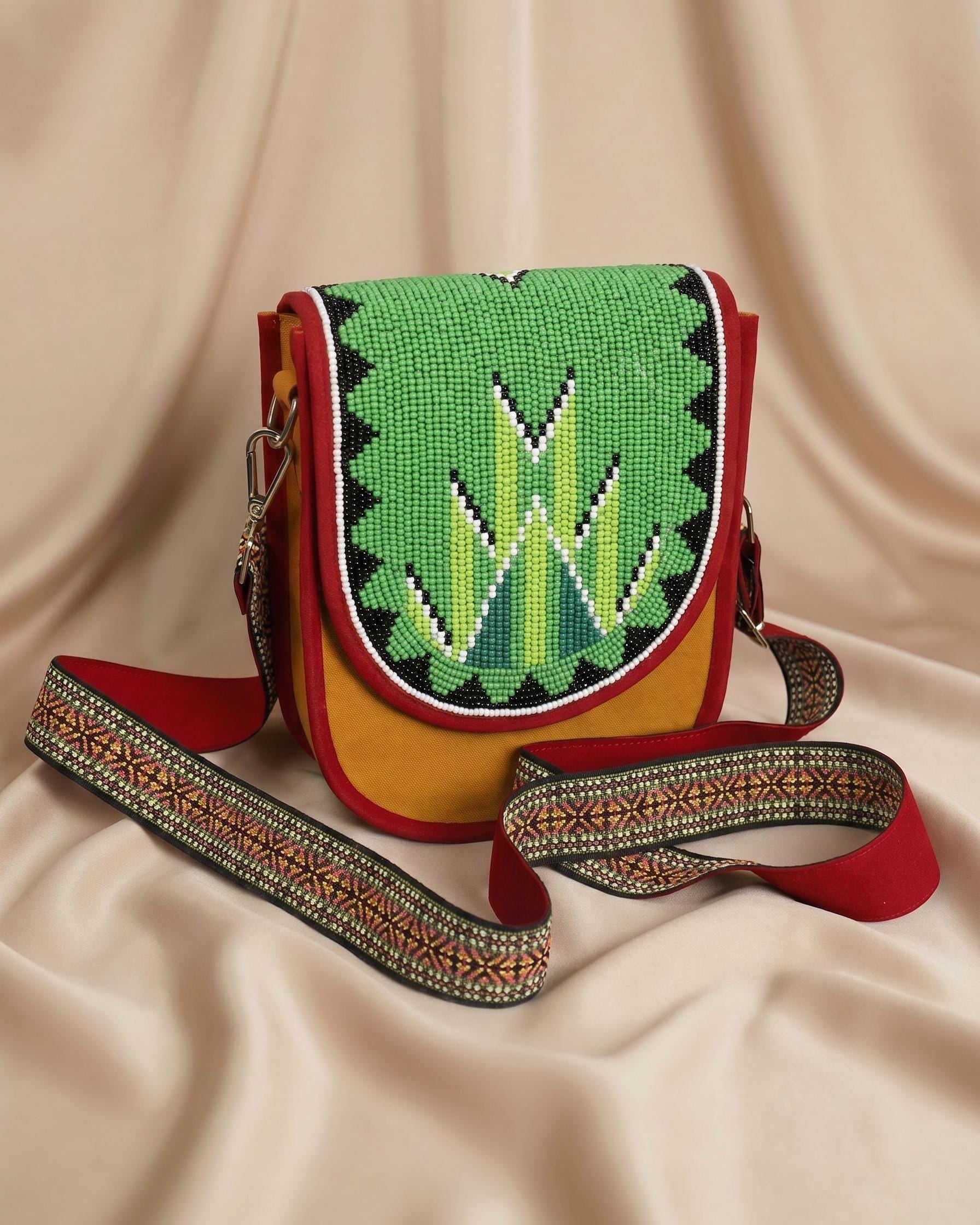 Beaded Crossbody Bag, Boho Handmade Unisex Canvas Sling Purse with Adjustable Strap