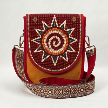 Spiral Sunburst Hand Beaded Canvas Crossbody Bag – Maroon Beadwork