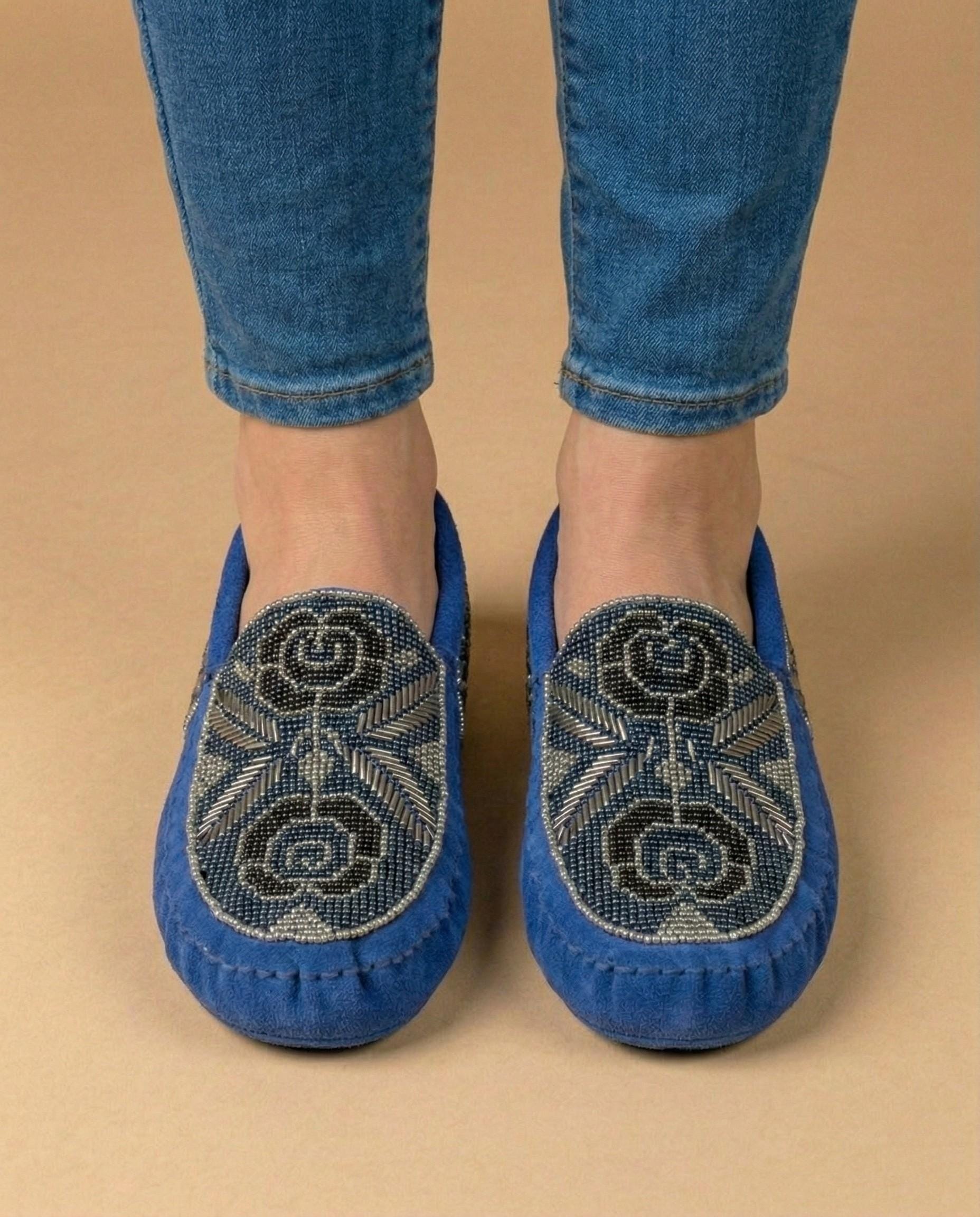Handmade Leather Moccasins. Stylish Beaded Sueded Loafer Shoes with Soft Sole For Women.
