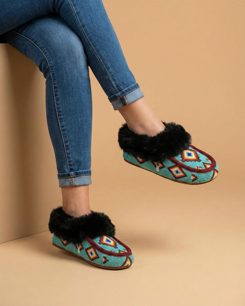 Handmade Beaded Moccasins. Slip on Fur Lining Comfortable Shoes For Women. Gift For Her