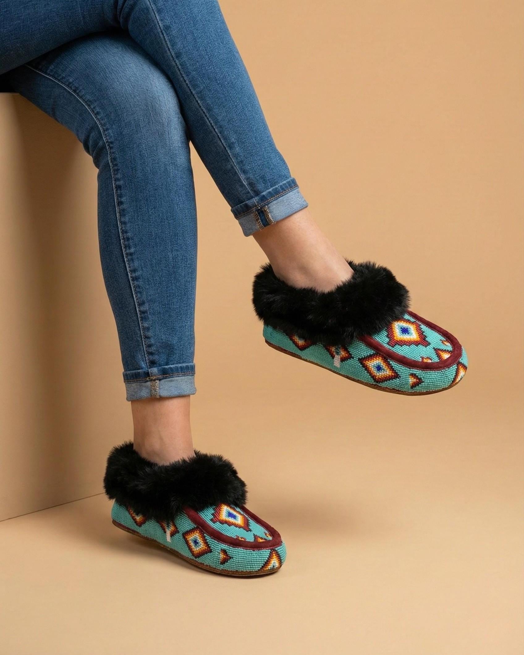 Handmade Beaded Moccasins. Slip on Fur Lining Comfortable Shoes For Women. Gift For Her