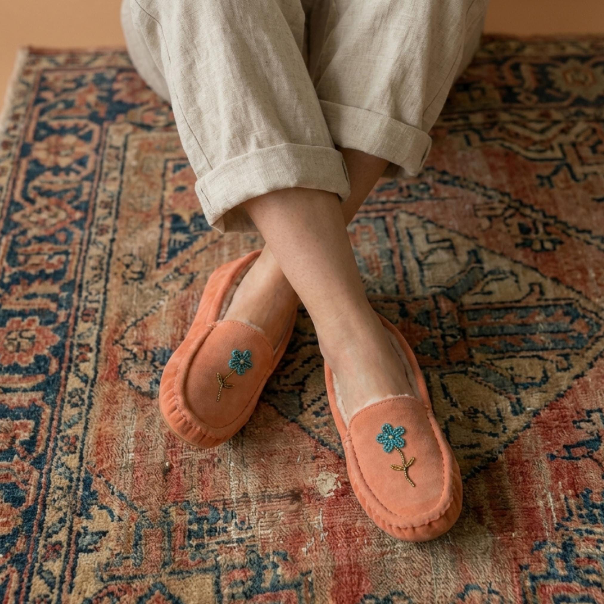 Peach Beaded Flower Moccasins. Handmade Unique Soft Sole Slip on Shoes For Women