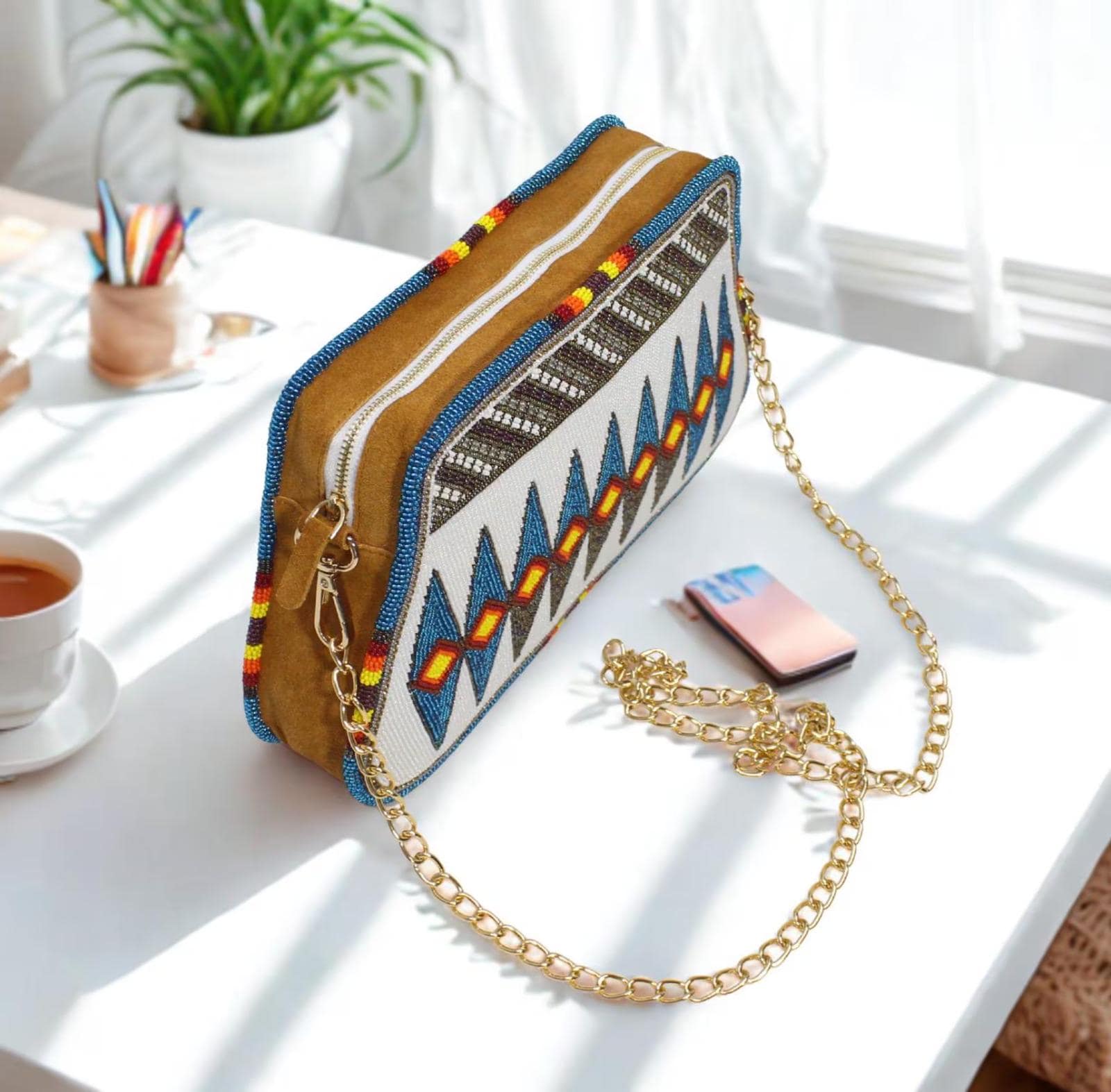Handmade Fully Beaded Native American Style Crossbody Bag For Women. Dual Side Beaded Shoulder Bag
