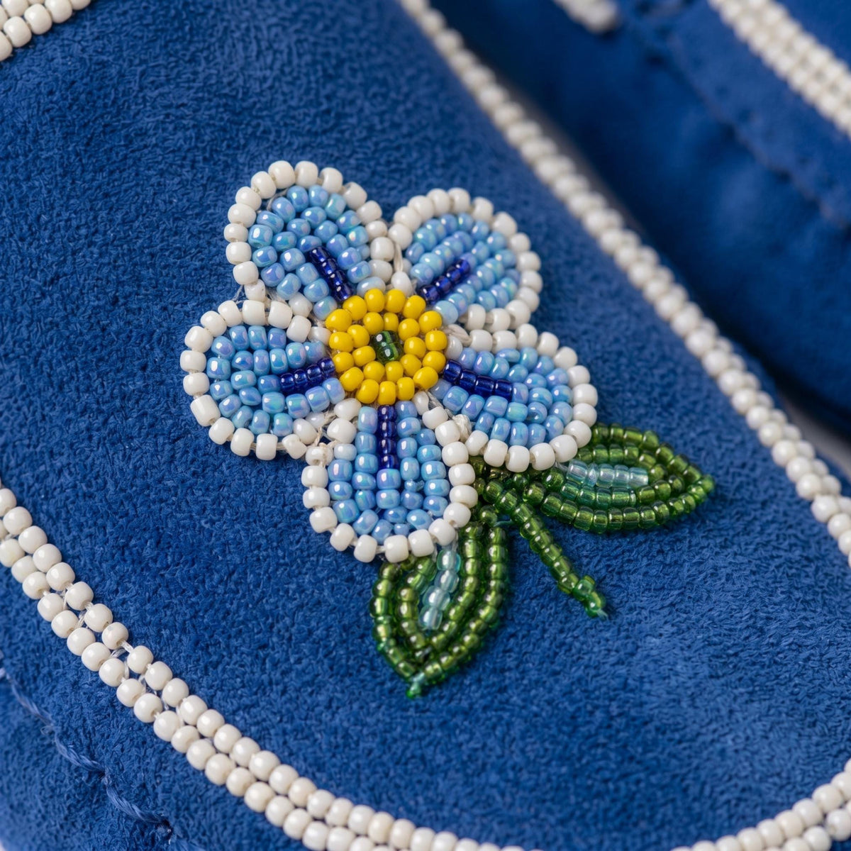 Blue and White Flower Beaded Suede Moccasins