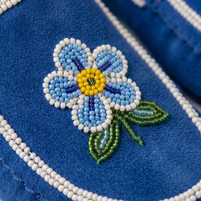 Blue and White Flower Beaded Suede Moccasins