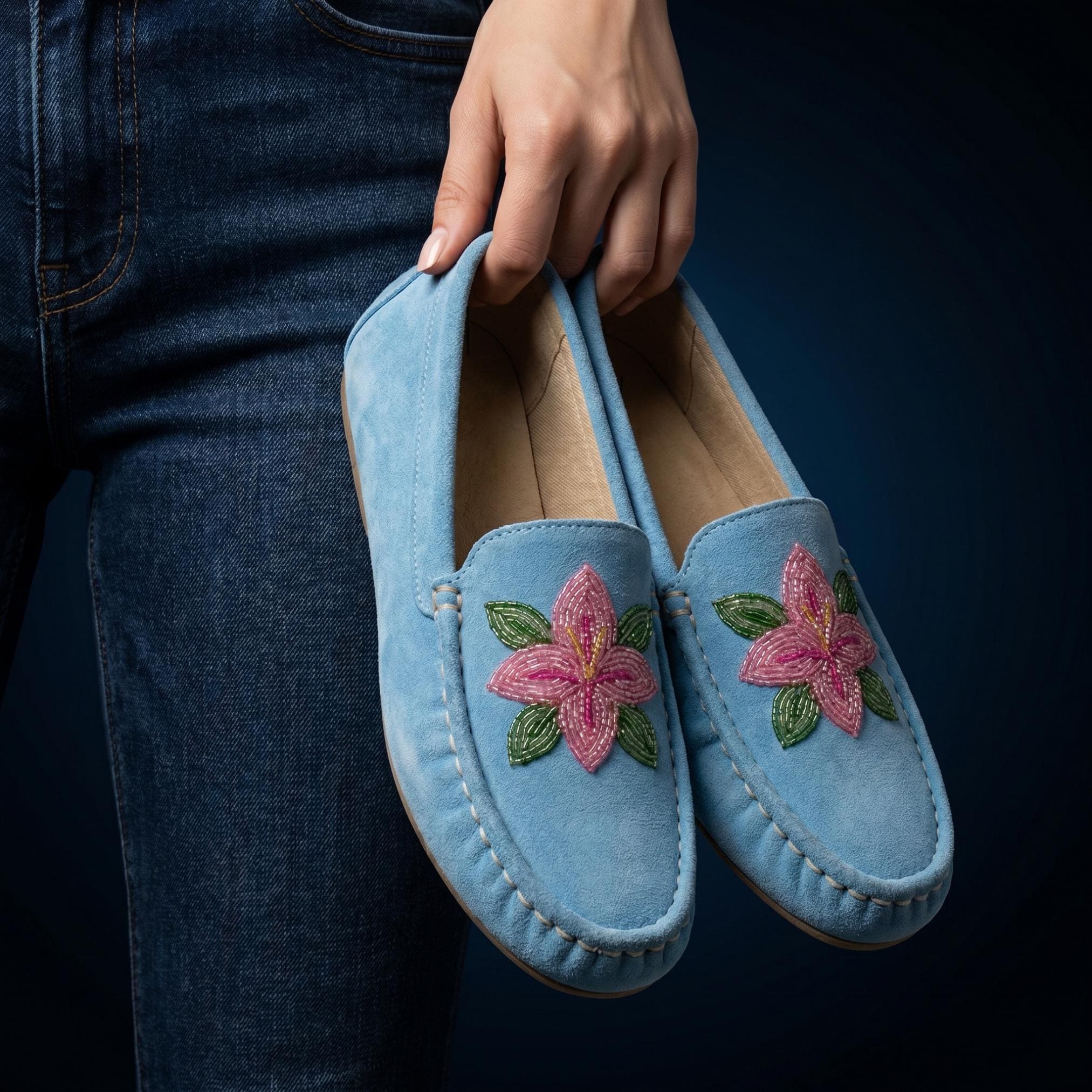 Blue Flower Beaded Moccasins. Handmade Unique Soft Sole Slip on Shoes For Women
