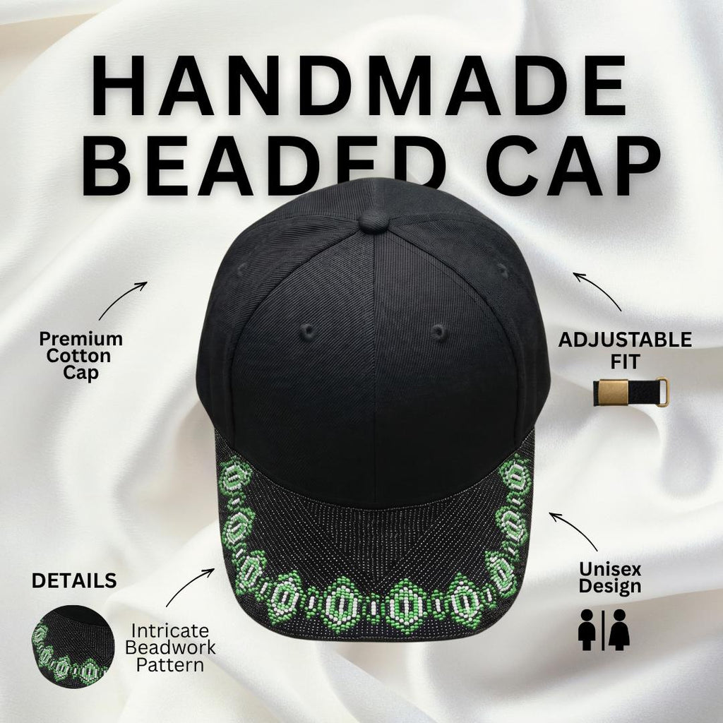 Emerald Chain Brim - Beaded Baseball Cap, Handmade Native American Style, Adjustable Unisex Cotton Hat For Men & Women