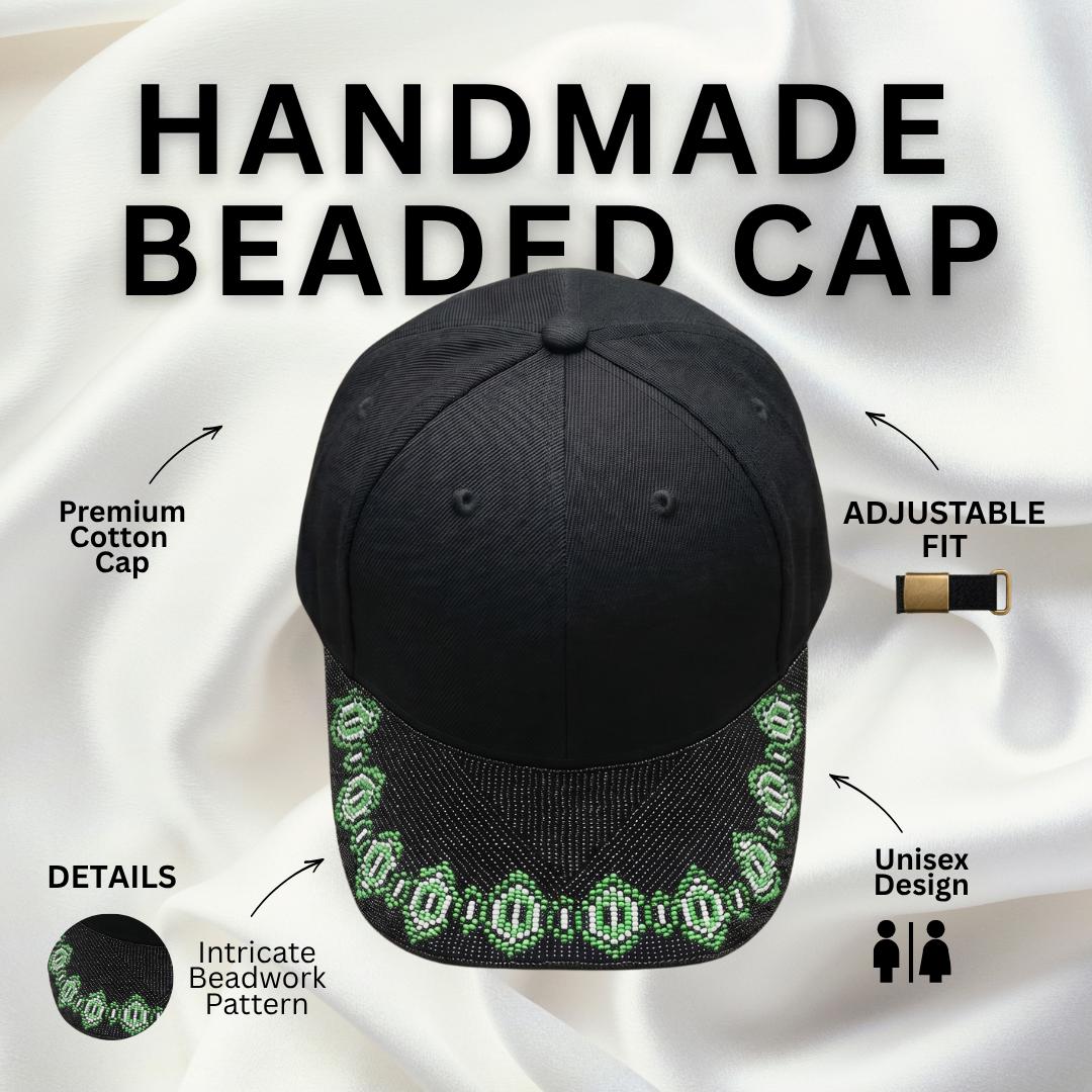 Emerald Chain Brim - Beaded Baseball Cap, Handmade Native American Style, Adjustable Unisex Cotton Hat For Men & Women
