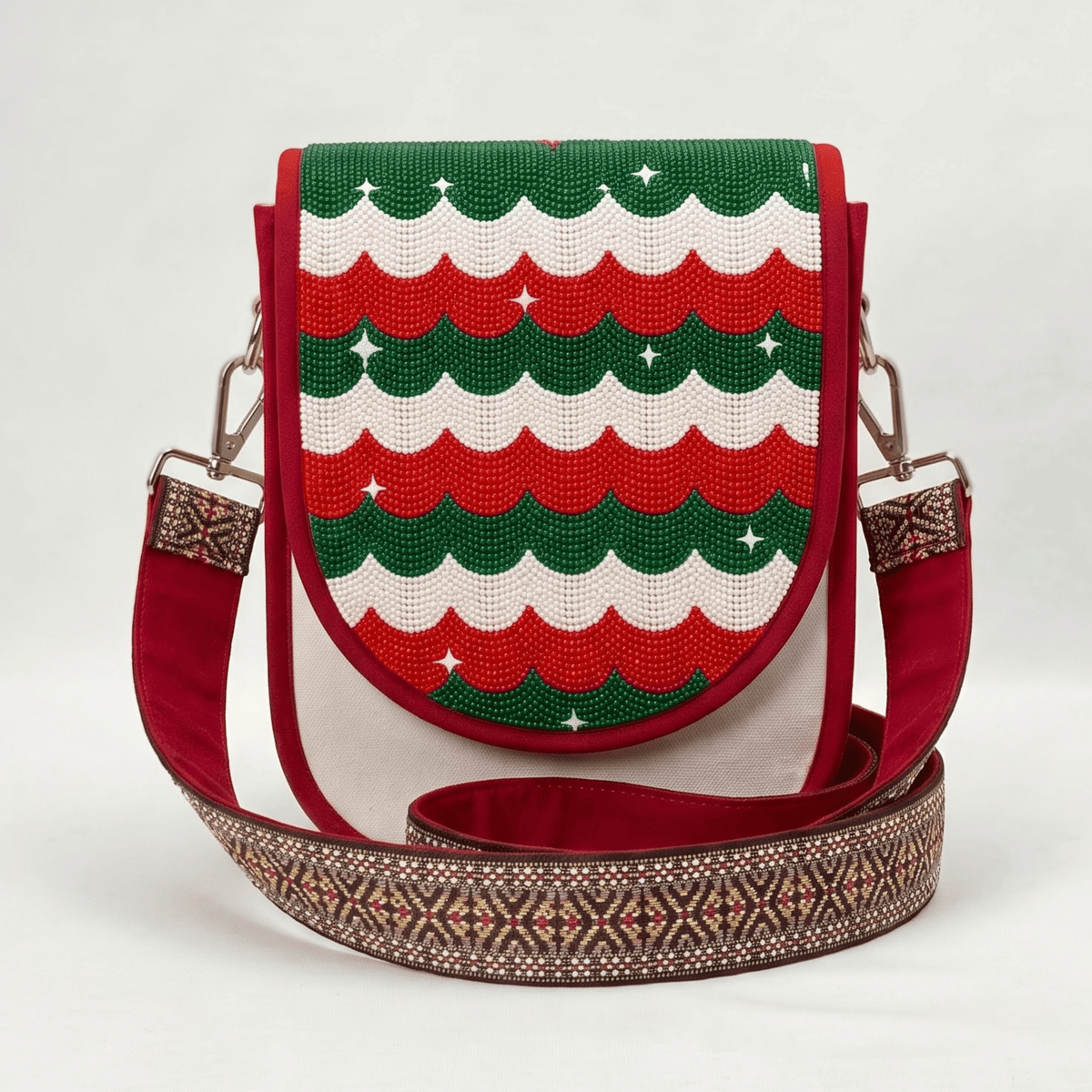 Festive Scalloped Wave Hand Beaded Canvas Crossbody Bag