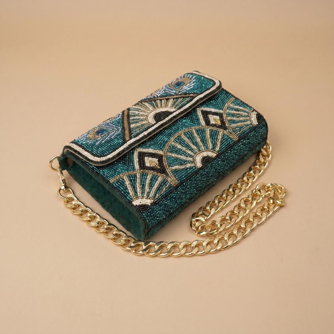 Handmade Sling Purse. Peacock Themed Green Beaded Shoulder Bag with Chain Strap For Women. Gift For Her