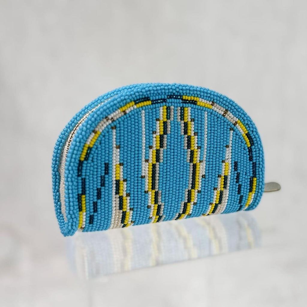 Handmade Coin Purse. Blue Geometrical Beaded Hand Pouch For Essentials.