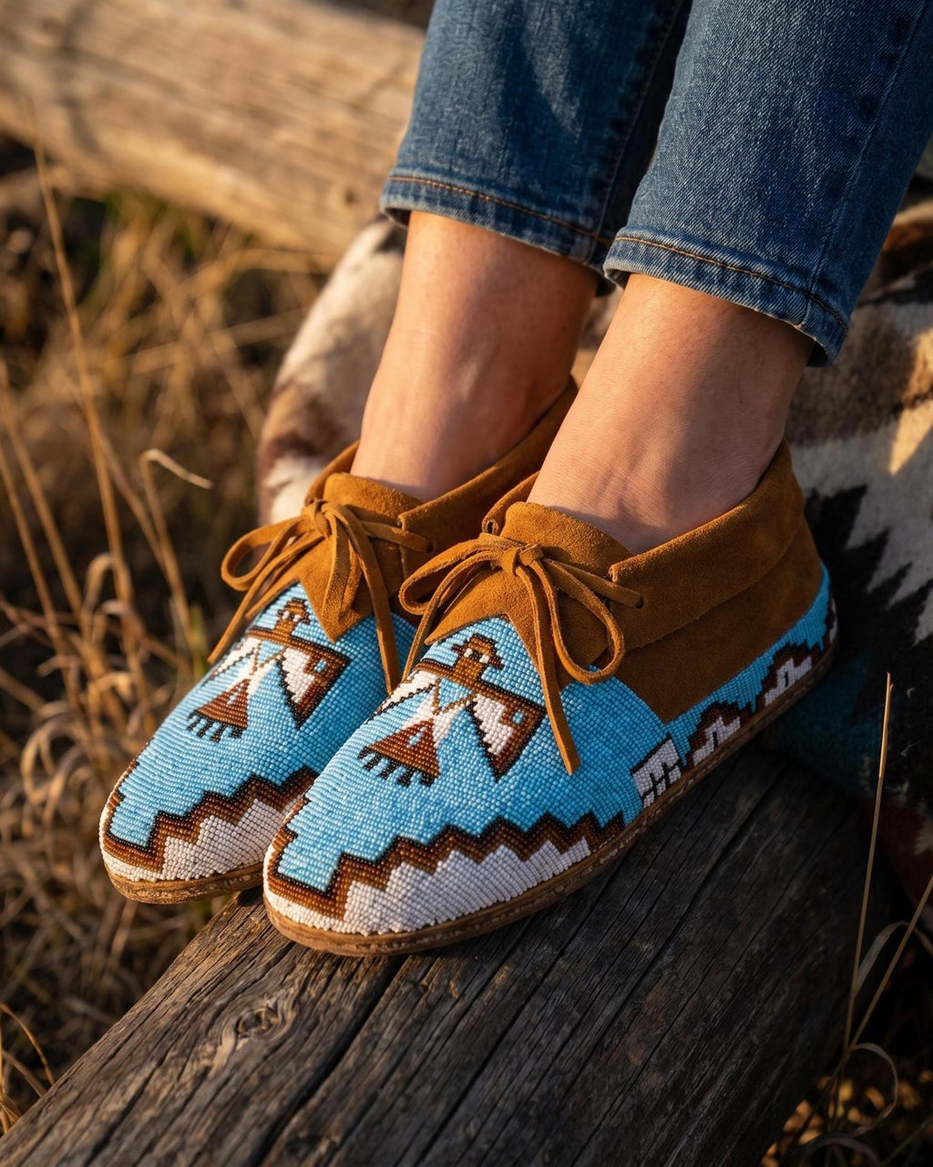 Premium Handmade Thunderbird Beaded Moccasins. Suede Leather Blue Lace up Footwear For Women. Suitable For Outdoors. Gift For Her