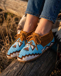 Premium Handmade Thunderbird Beaded Moccasins. Suede Leather Blue Lace up Footwear For Women. Suitable For Outdoors. Gift For Her