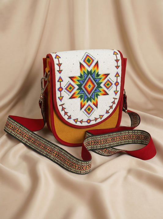 Rainbow Star Beaded White Canvas Crossbody Bag