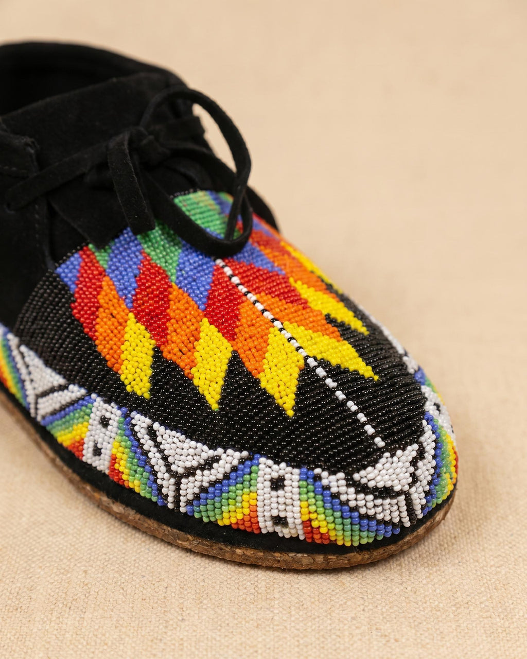 Rainbow Beaded Outdoors and Dancing Black Suede Moccasins. Artisan inspired Leather Lace-up Shoes For Women. Gift For Her.