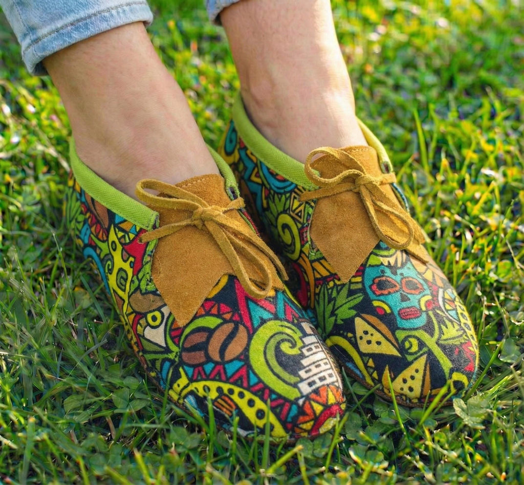 Handmade Leather and Jacquard Fabric Moccasins For Women