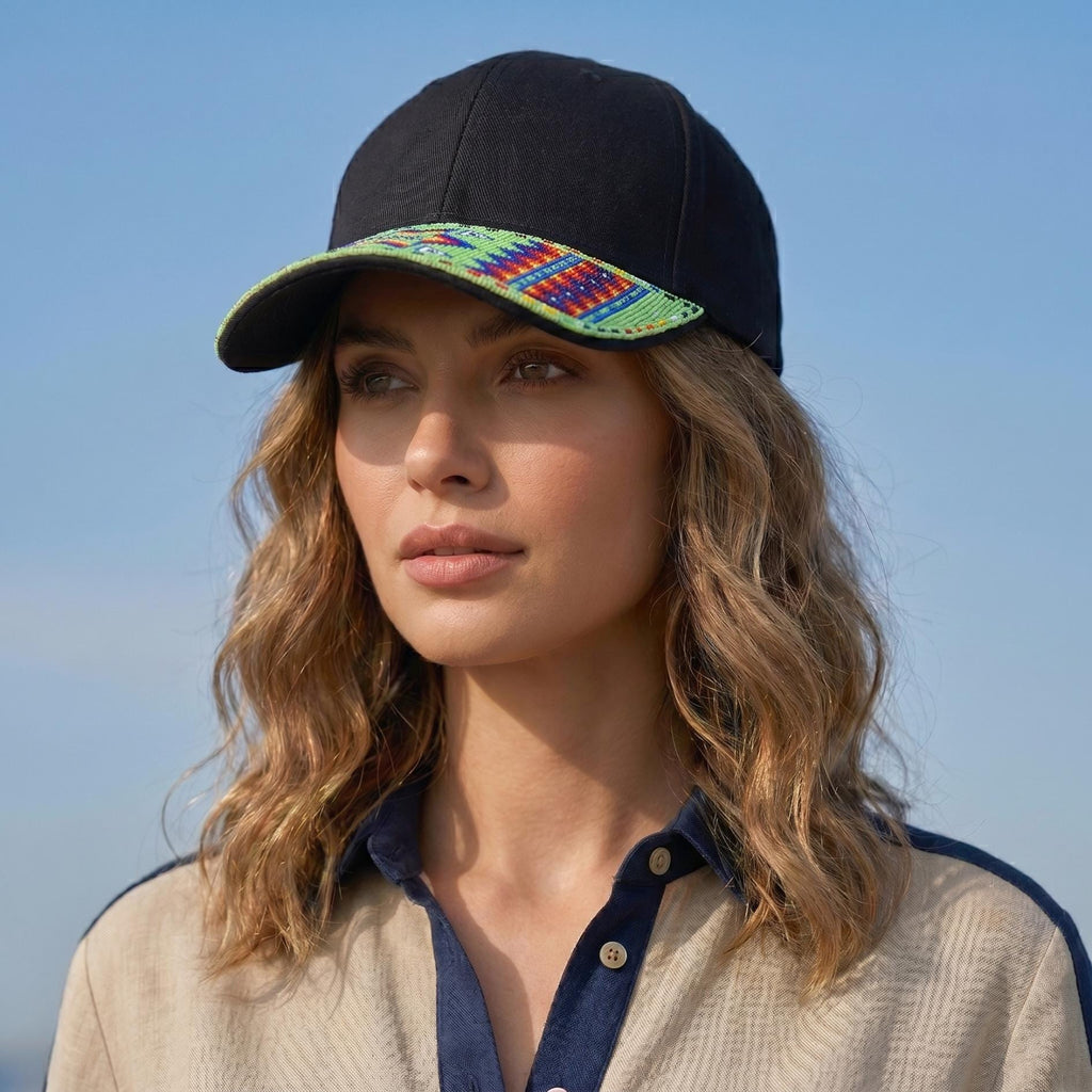 Geometric - Lime Green - Grey Beaded Baseball Cap - Handmade Native American Style Adjustable Unisex Cotton Hat For Men & Women