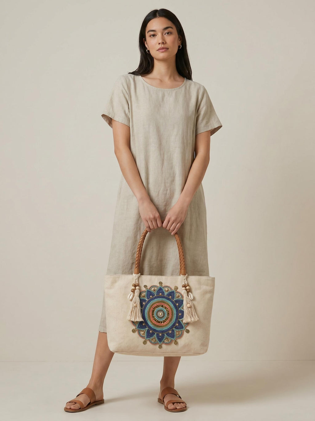 Handmade Floral Canvas Tote Bag. Beaded Large Artisan Handbag For Women