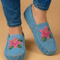 Blue Flower Beaded Moccasins. Handmade Unique Soft Sole Slip on Shoes For Women