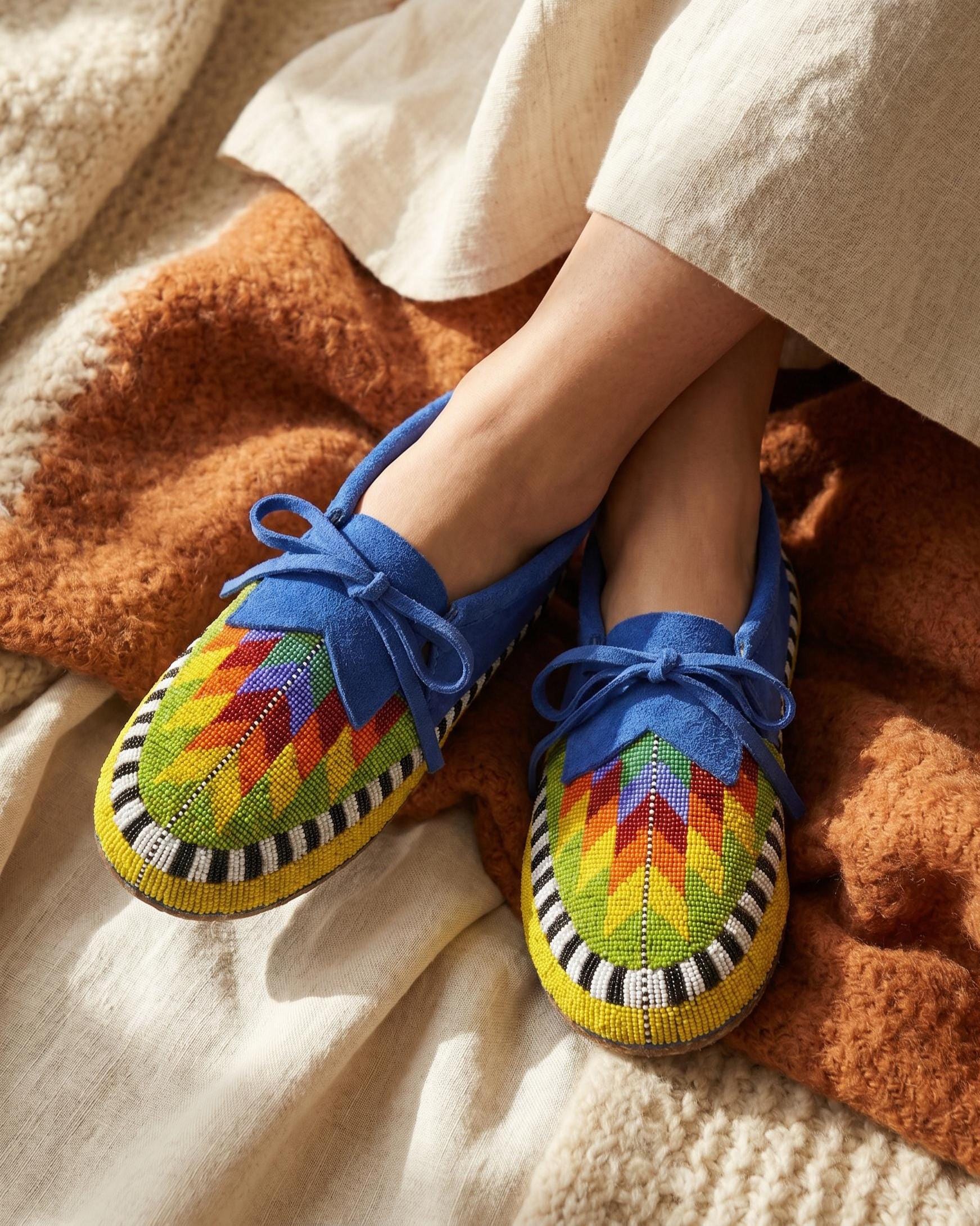 Handmade Colorful Beaded Suede Moccasins, Native American Inspired Leather Lace-Up Shoes for Women, Suitable For Outdoors. Gift For Her.