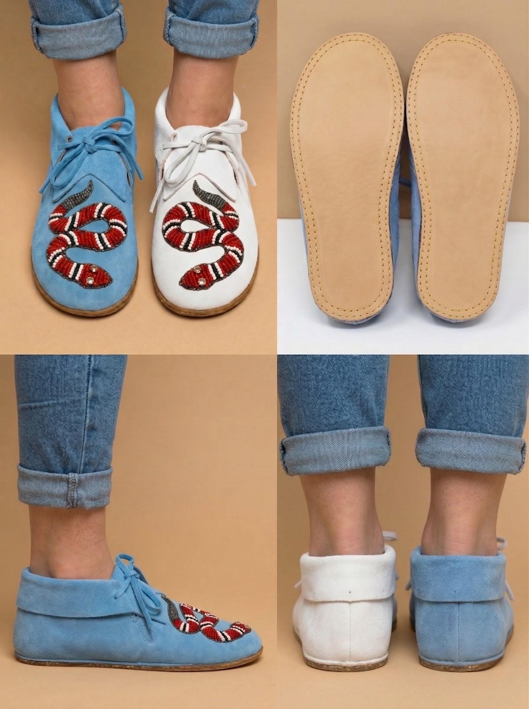Dual Color Unique Snake Design Moccasins. Handmade Lace Up Suede Shoes For Women. Suitable For Outdoor Wear and Gifting.