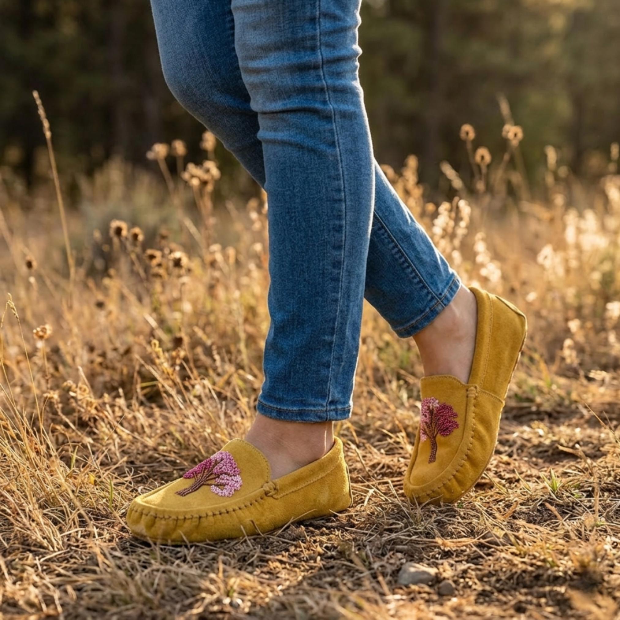 Weskara Yellow Tree Beaded Moccasins Handmade Unique Soft Sole Slip on Shoes For Women