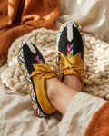 Outdoors and Dancing Beaded Suede Moccasins. Handmade Artisan Inspired Premium Black Lace up Leather Footwear For Women.