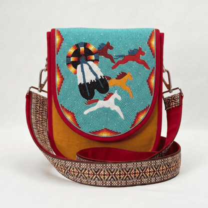 Turquoise Running Horses Hand Beaded Canvas Crossbody Bag