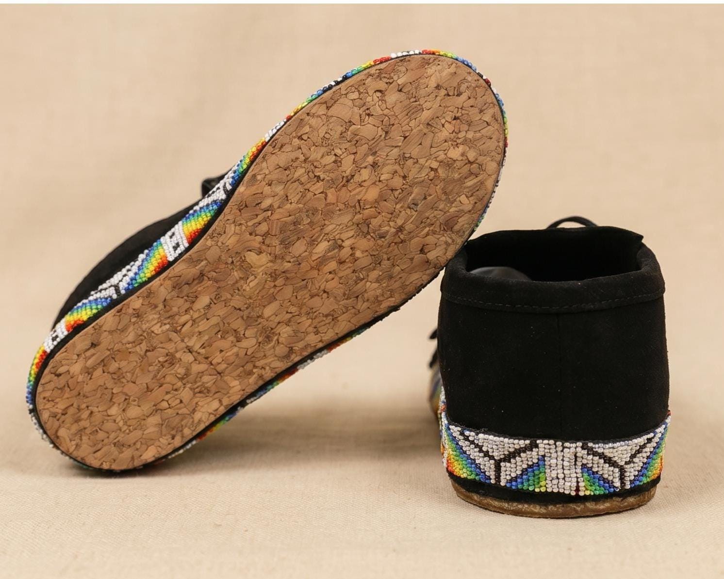 Rainbow Beaded Outdoors and Dancing Black Suede Moccasins. Artisan inspired Leather Lace-up Shoes For Women. Gift For Her.