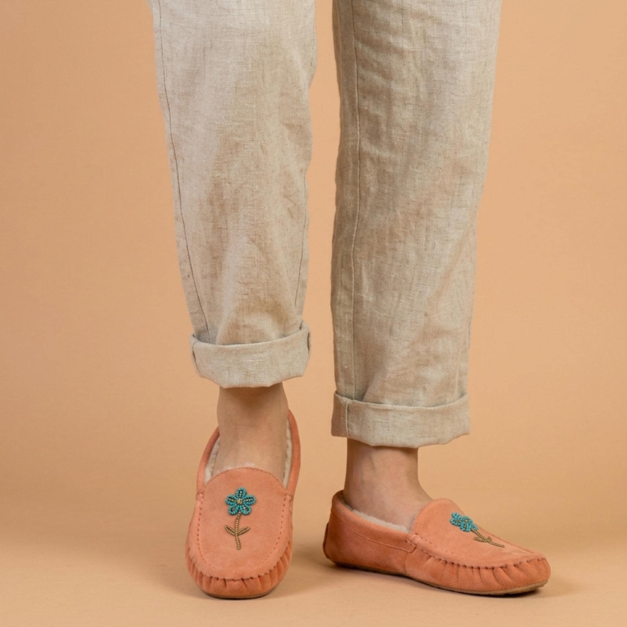 Peach Beaded Flower Moccasins. Handmade Unique Soft Sole Slip on Shoes For Women