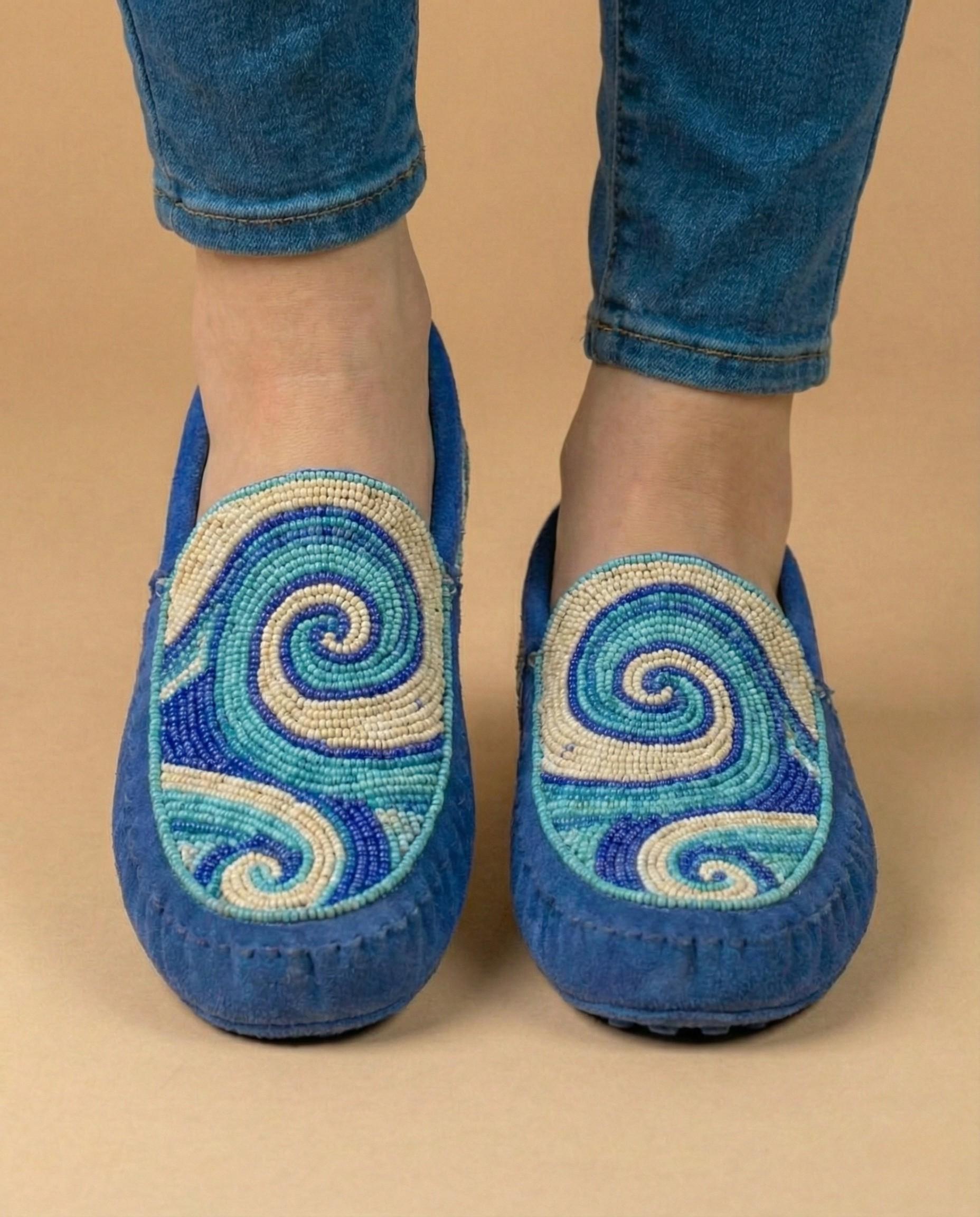 Handmade Leather Moccasins. Stylish Blue Beaded Loafer Shoes with Soft Sole.