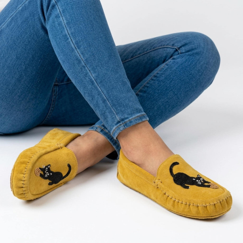 Yellow Cat Beaded Moccasins. Handmade Unique Soft Sole Slip on Shoes For Women