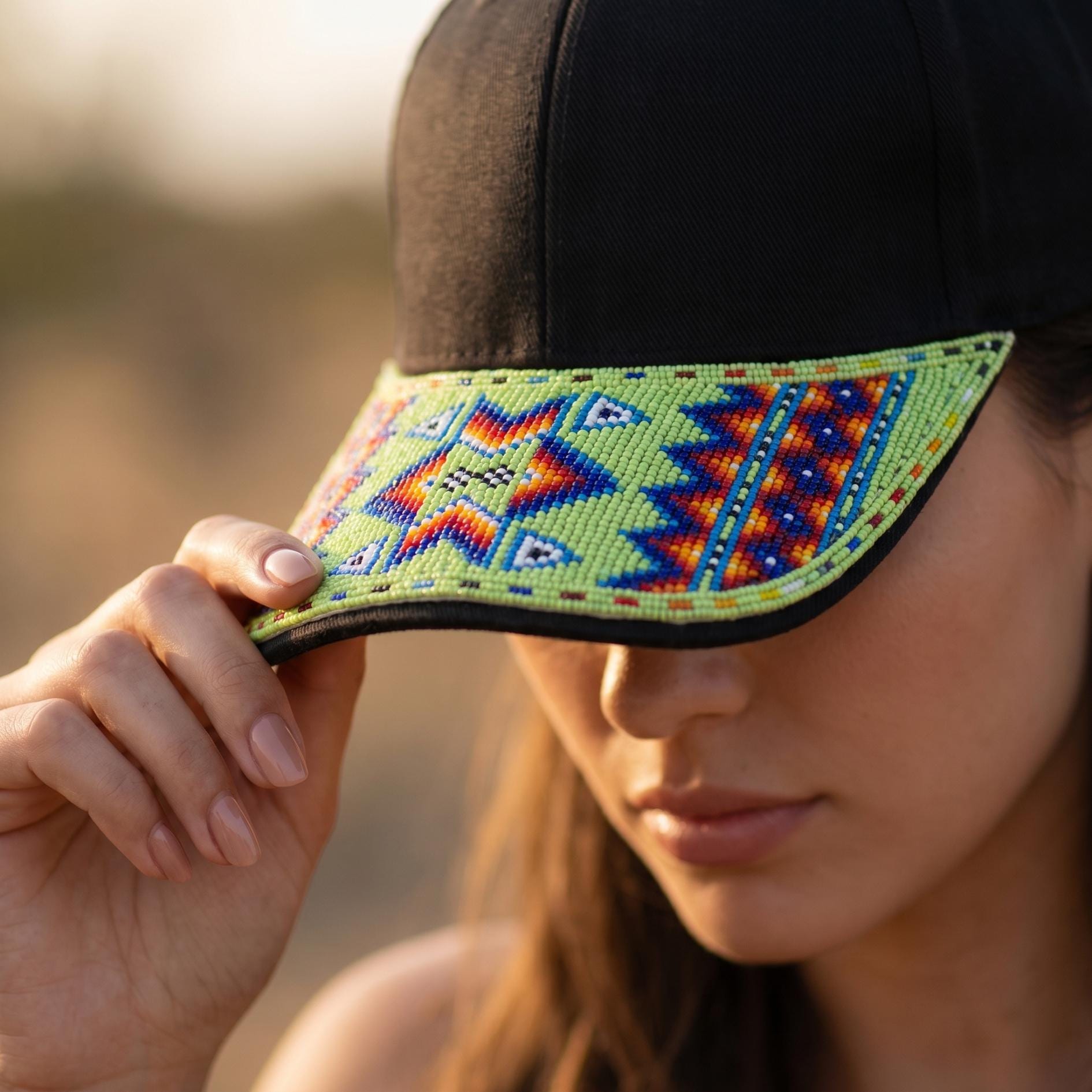Geometric - Lime Green - Grey Beaded Baseball Cap - Handmade Native American Style Adjustable Unisex Cotton Hat For Men & Women